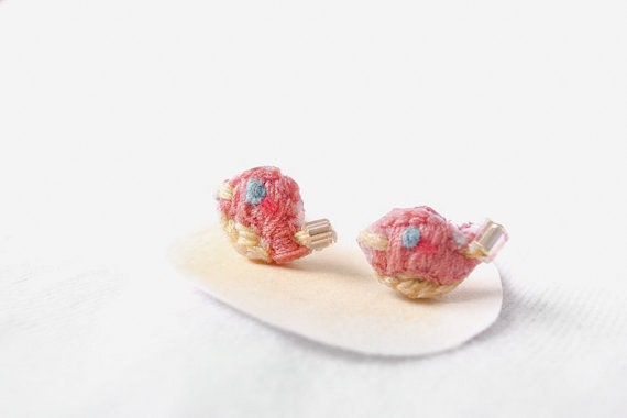 Singing Birds in Sunshine day tiny Hand-Embroidery stud Earrings