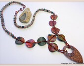 OOAK necklet, colorful wavy disks of picture jasper, sparkly gold-orange seed beads, dramatic copper focal