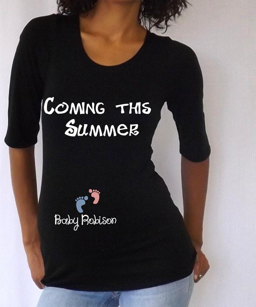 Personalized maternity tee "Coming this Summer" with your baby's name or last name, cap sleeves