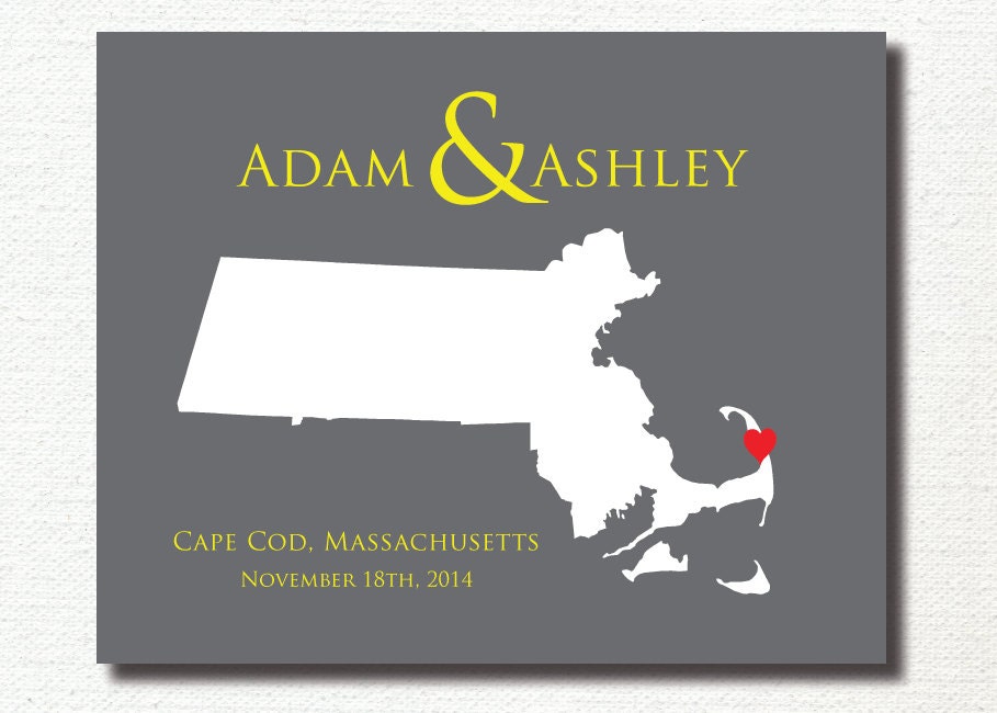 Custom Wedding Location & State Map Print / Engagement Wedding Present / Bridal Shower Gift / Anniversary Special Date / Massachusetts 8x10