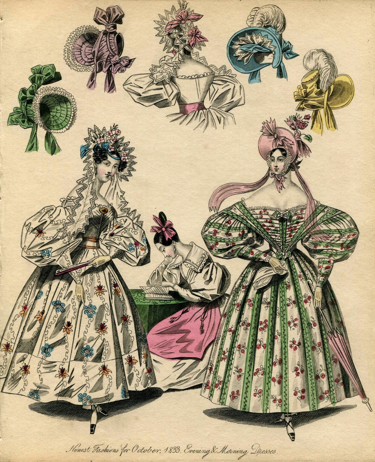 Victorian Fashion Plate Hand Coloured Bookplate Color Vintage Print Circa 1800 Hats Dresses Costumes Dress Morning Millinery Dress
