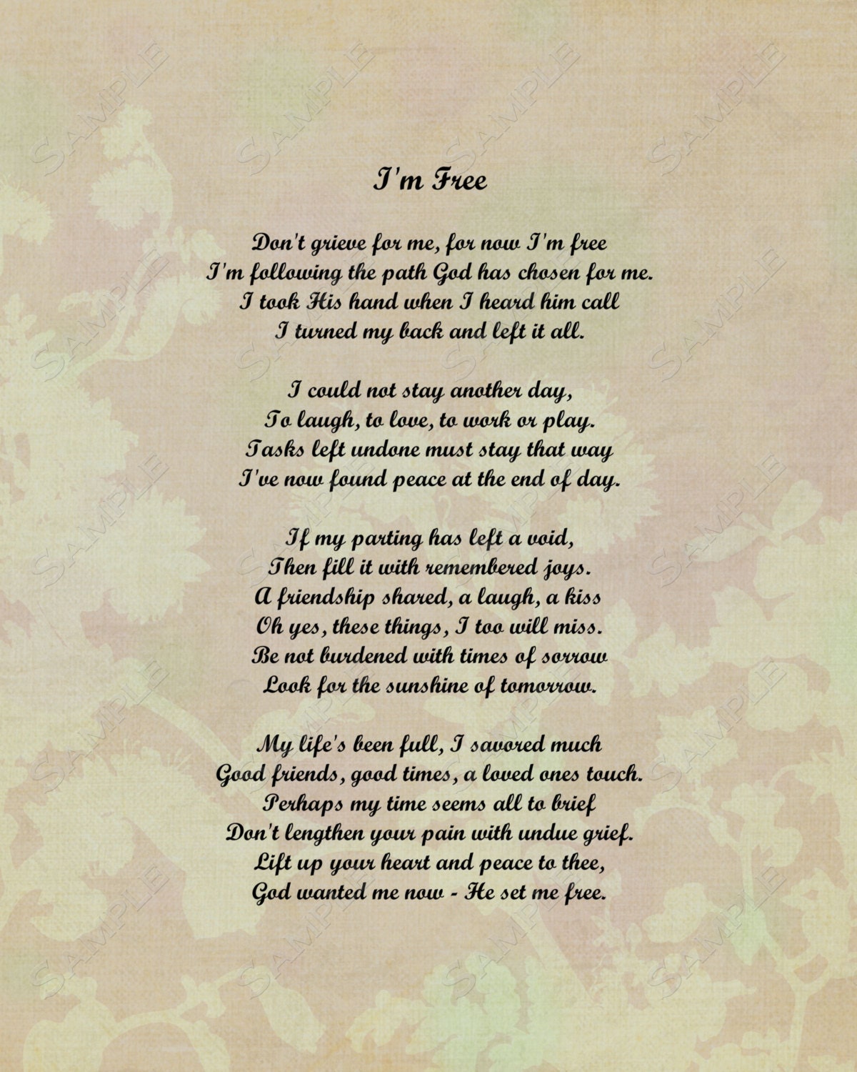 I'm Free Memorial Personalized Poem INSTANT DOWNLOAD Digital