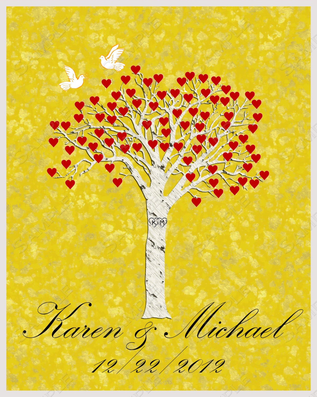 Personalized Wedding Tree Print with Hearts & Love Birds 8 X 10
