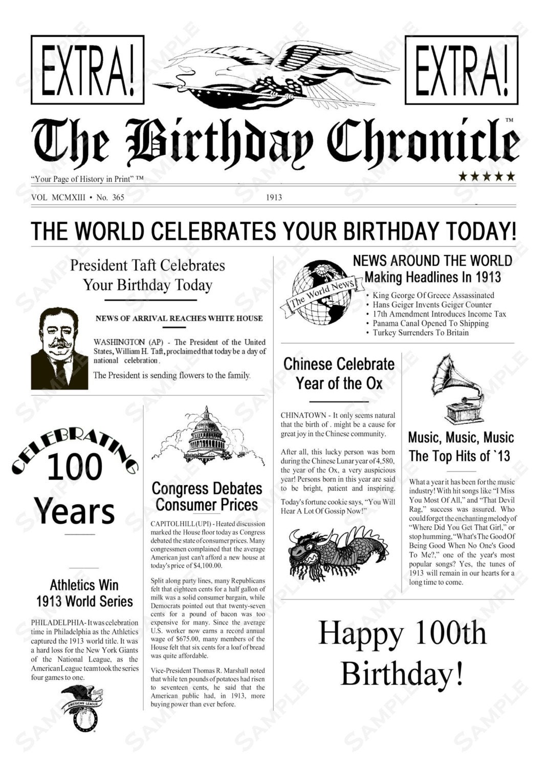 100th Birthday Card 1913 Time Capsule 5 X 7 INSTANT DOWNLOAD .JPG