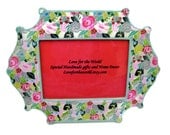 Spring Floral 5x7 Picture Frame - Wooden Decoupage Picture Frame - Colorful Mint and Pink Flowers - Housewares and Home Decor