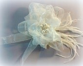 Organza Flower - Pearl - Feather Hair comb, ivory flower bridal hair fascinator, wedding 2 tier veil accessory -HANDMADE Petals