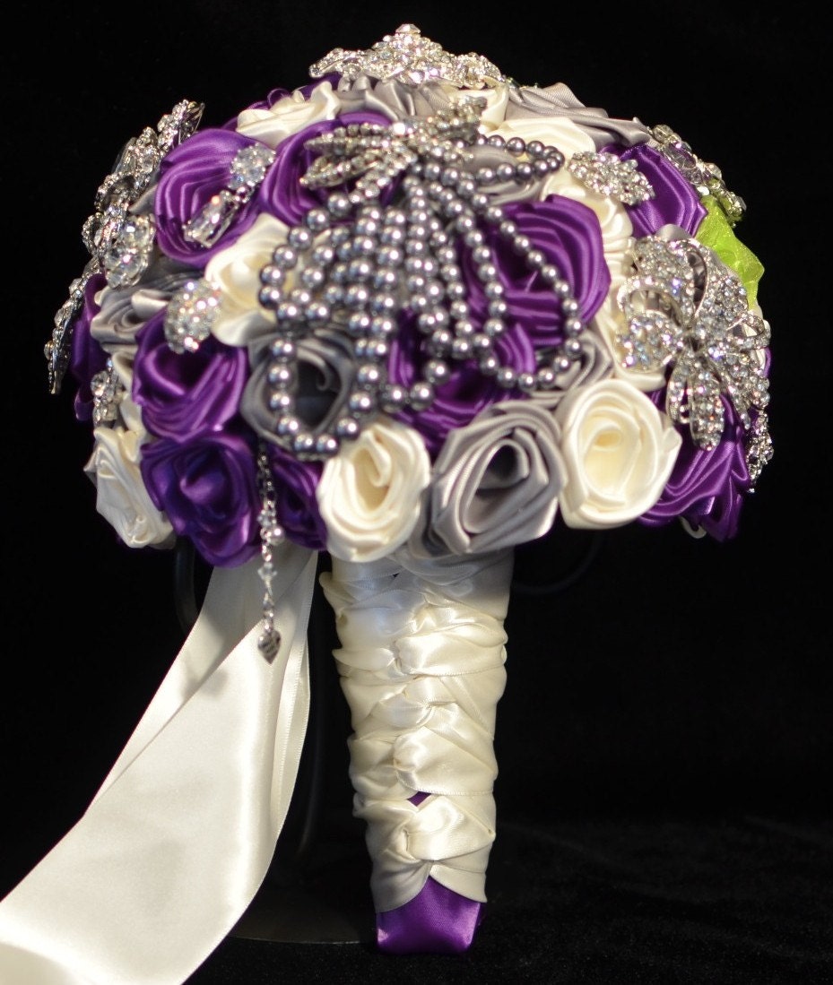 Purple Silver Antique White Large Brooch Bridal Bouquet The Julia