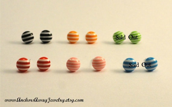 Round Striped Stud Earrings - Pick any color: Black, Orange, Red, Pink