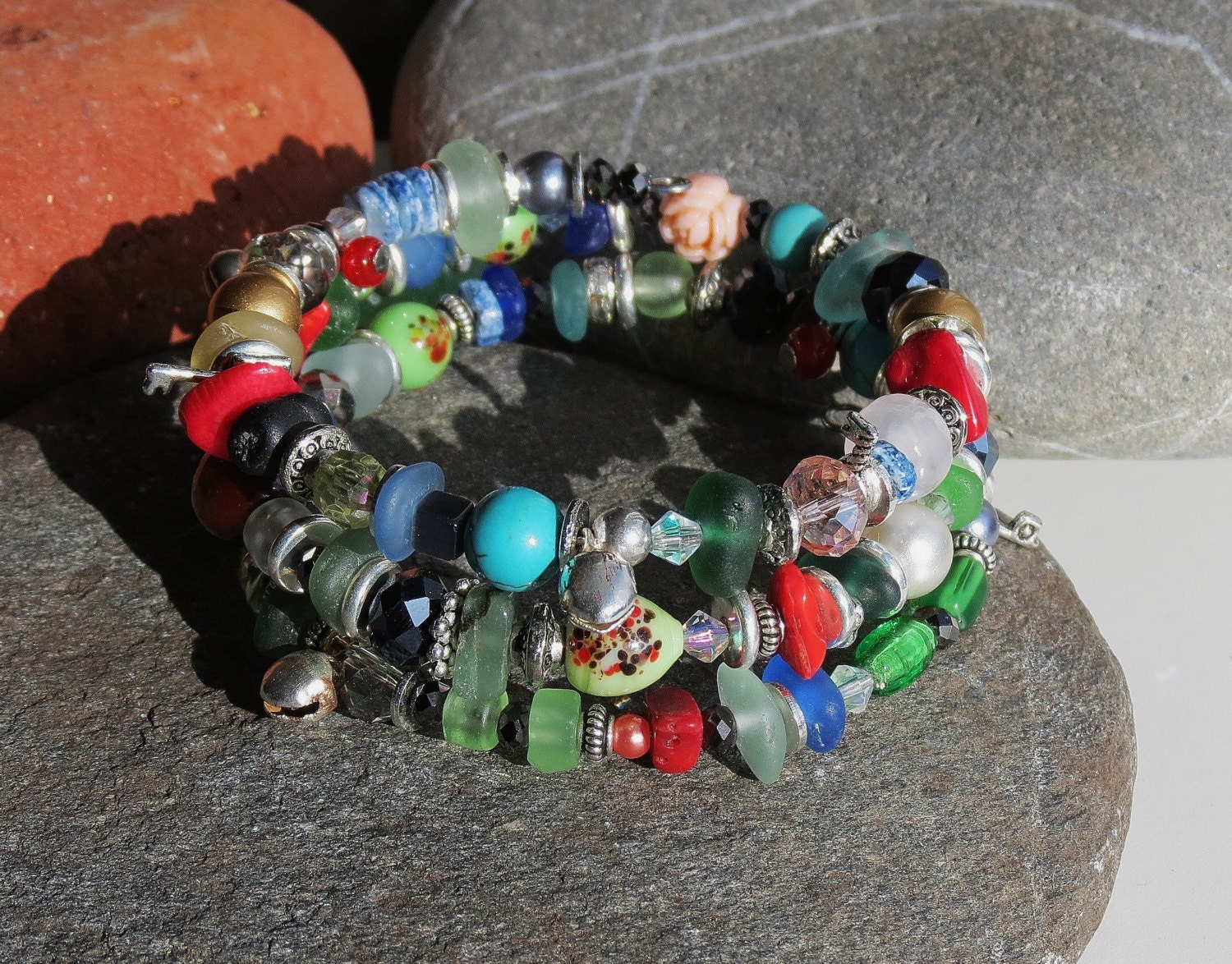 Sea Glass Boho Yoga Wrap Stacked Beaded Bracelet