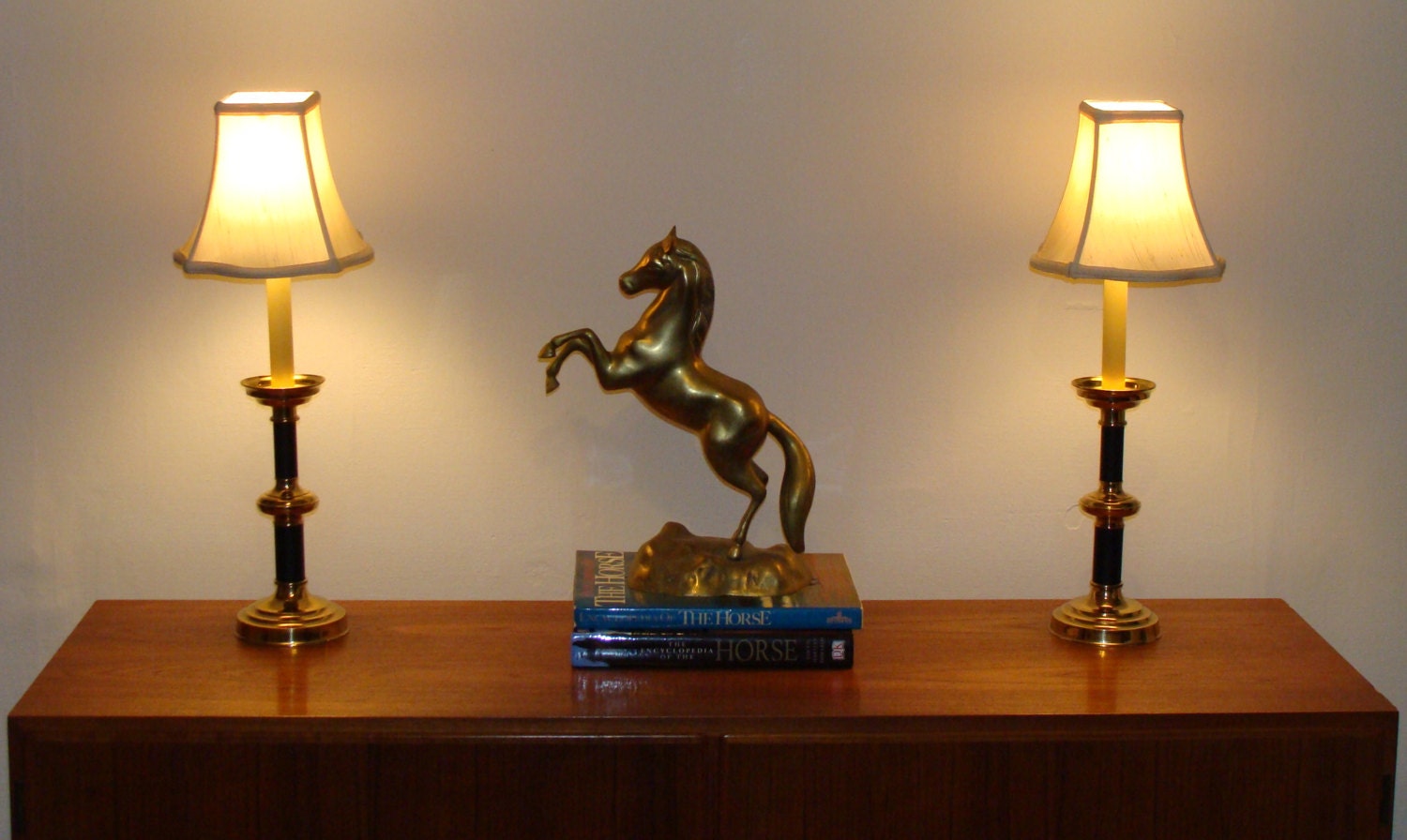 Vintage Ethan Allen PAIR Brass Candlestick Pillar Lamps Hollywood Regency Buffet Lamps