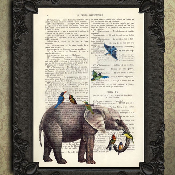Elephant with birds home decor, elephant art print, housewares, elephant print dictionary art, antique book page, print on dictionary paper