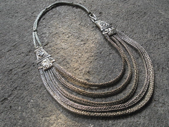 Reserved for Opalangel --- Antique Sterling Silver Tribal Necklace - Hand Woven Silver Braided - 5 Strands