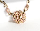 Vintage Pink Enamel Rhinestone Flower Choker, Floral Flower Necklace, Gold Tone Metal, Pink Flowers