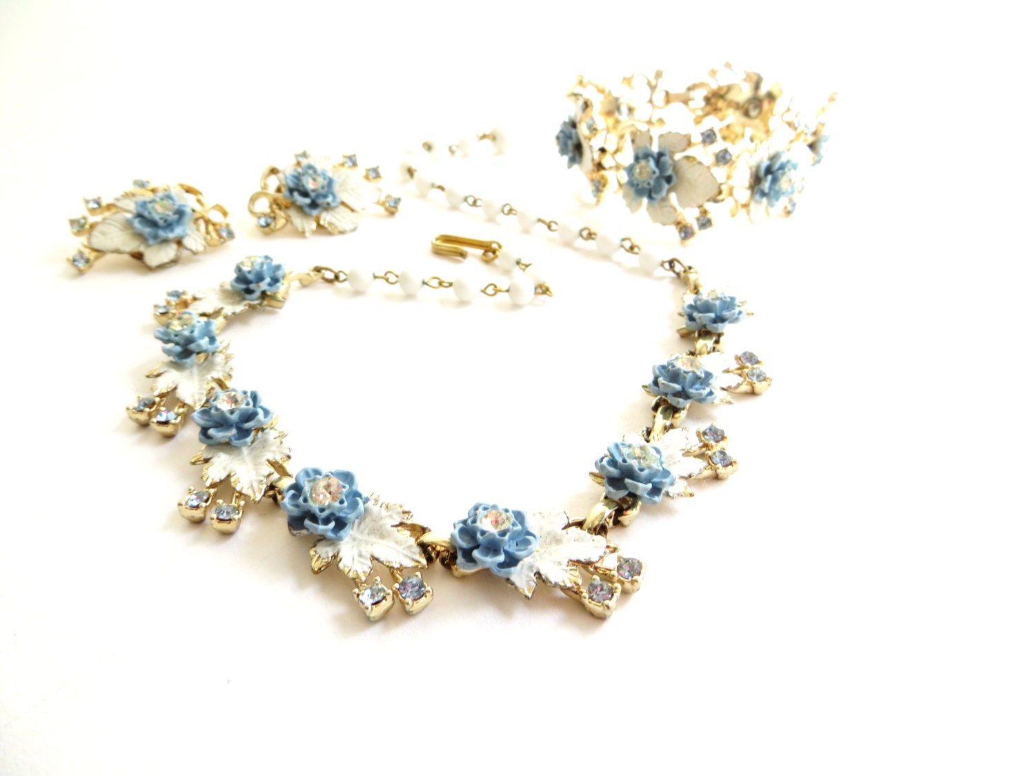 Vintage Blue White Enamel Flower Rhinestones Set, Floral Necklace, Earrings, Bracelet, Full Parure