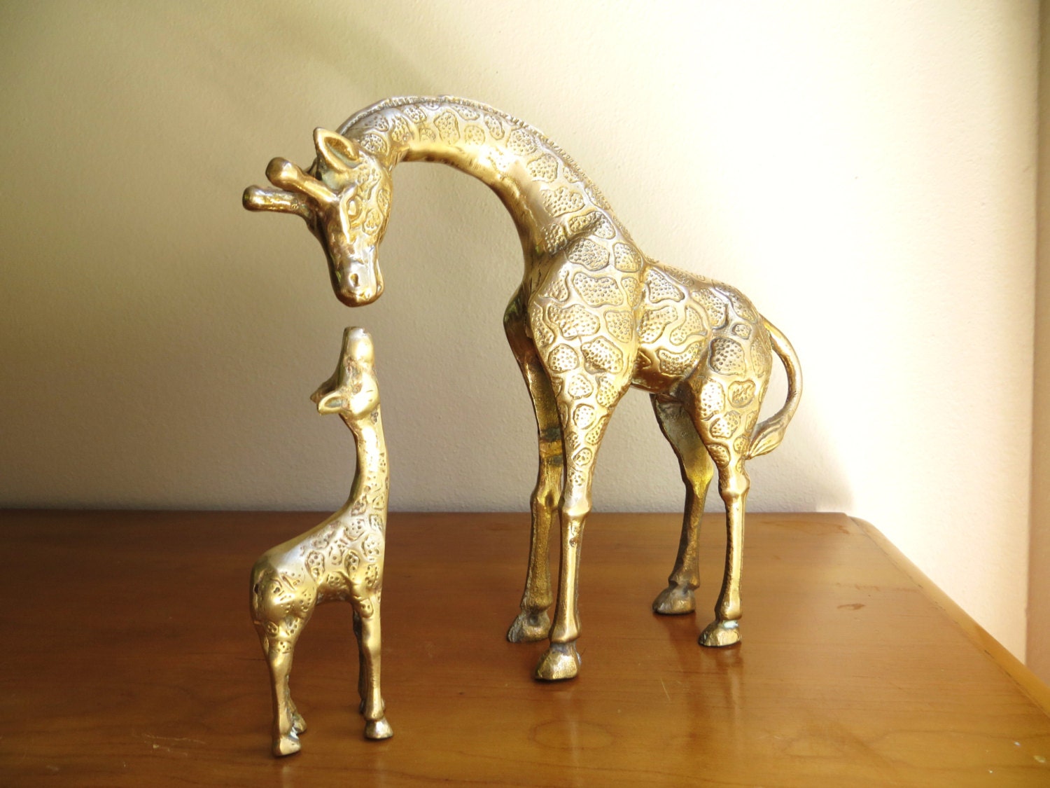 Vintage Brass Giraffe and Baby Giraffe Figurines, Mother and Baby Giraffe, Brass African Animal Statues, Pair