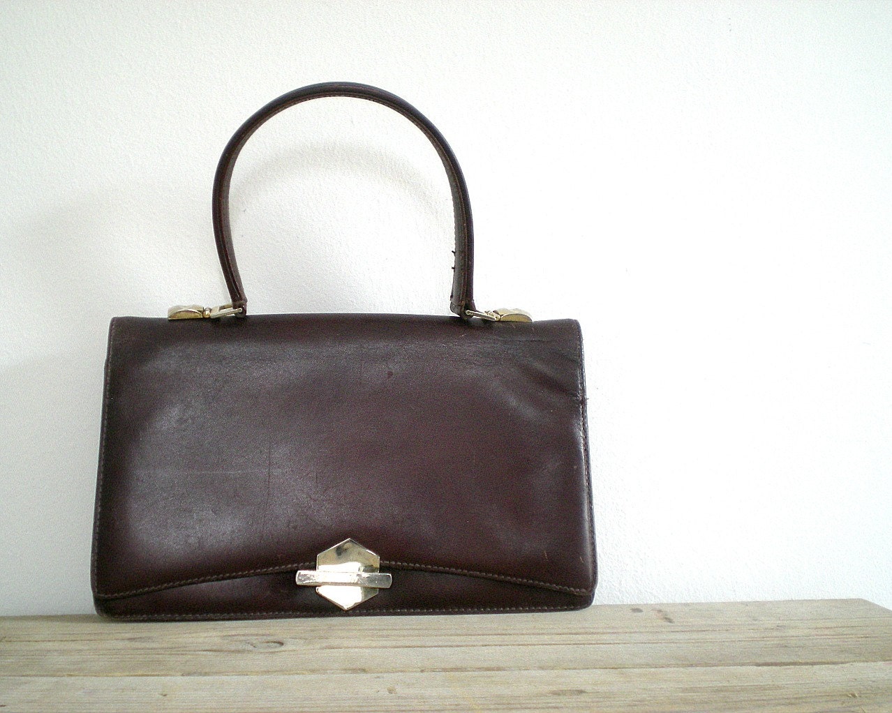LEATHER lady handbag, vintage brown purse, sixties, MOD - viadeinavigli