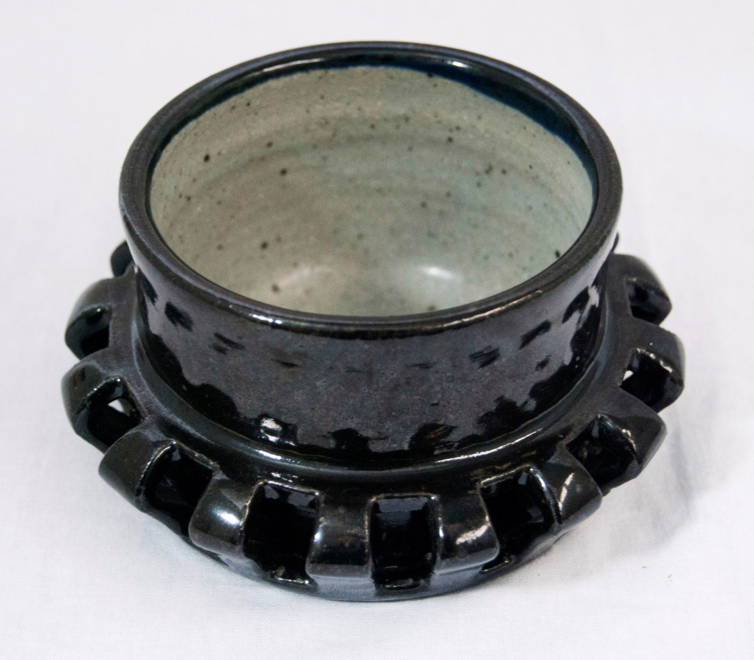Handmade Unique One of a Kind Stoneware Double Walled Cup or Bowl with Carved Design glazed in Black