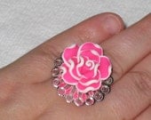 Rose Bloom Ring, Silver Filigree Adjustable Ring, Hot Pink and White Rose, Large Polymer Clay Rose Cabochon, OOAK Statement Ring