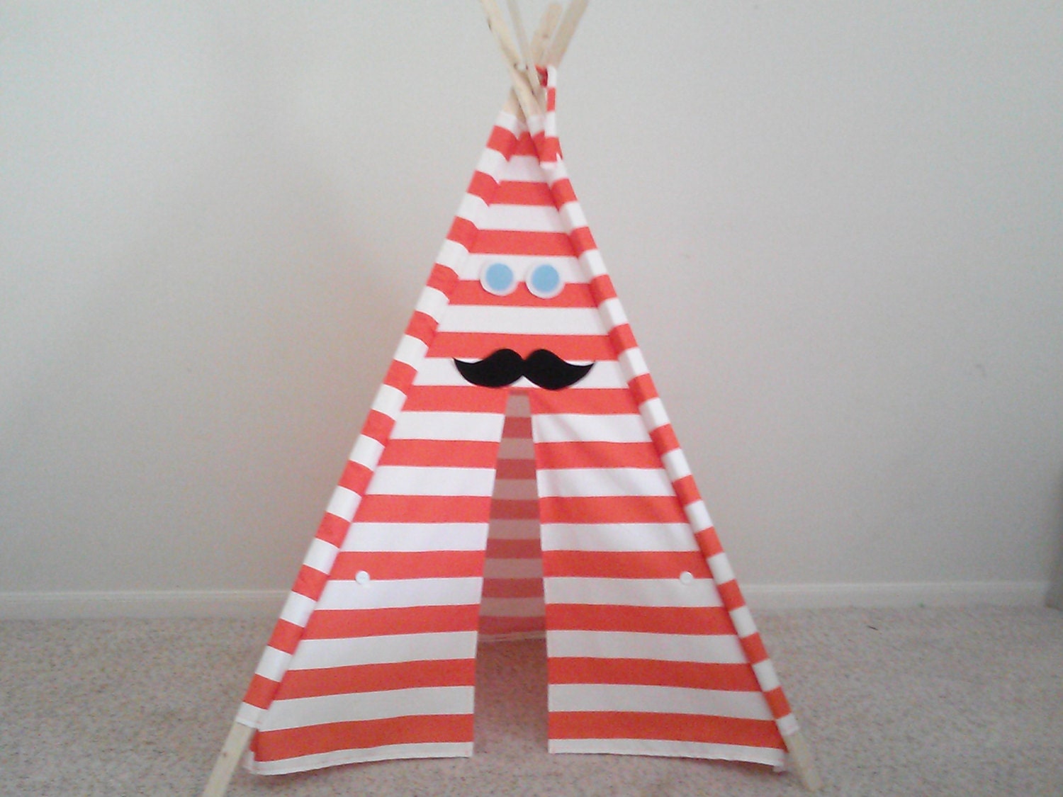 Orange and White Stripe Tent  With Mustache Felt Accessories, Teepee, Childrens Tipi, 44 inch wide Play Tent Made to Order