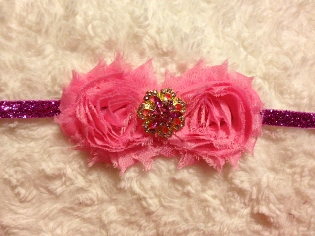 Pink Flower Bow Headband on Purple Glitter Elastic with Gold and Pink Rhinestone Center for Newborn Infant Baby Girl Toddler teen Adult