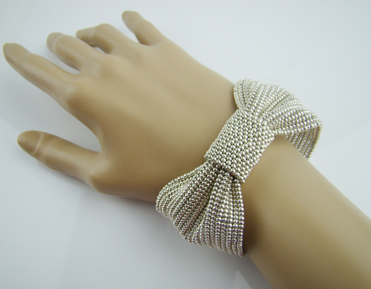 Silver Bow cuff bracelet, seed beads bracelet beadweaved black and gold bracelet, prom, party, wedding jewelry, 7PM boutique