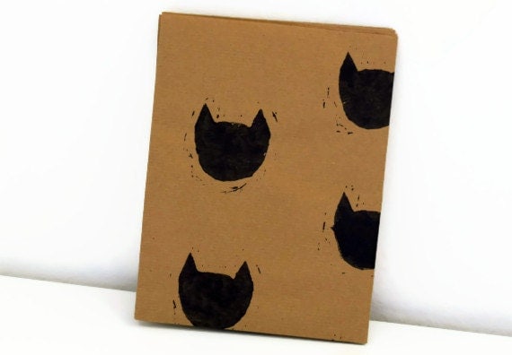Buy cute gift ideas - Cat Wrapping Paper - Lino Printed by Hand - Black Cat Faces Traditional Brown Gift Wrap - Cute, Quirky &amp; Unique - Great for Mothers Day