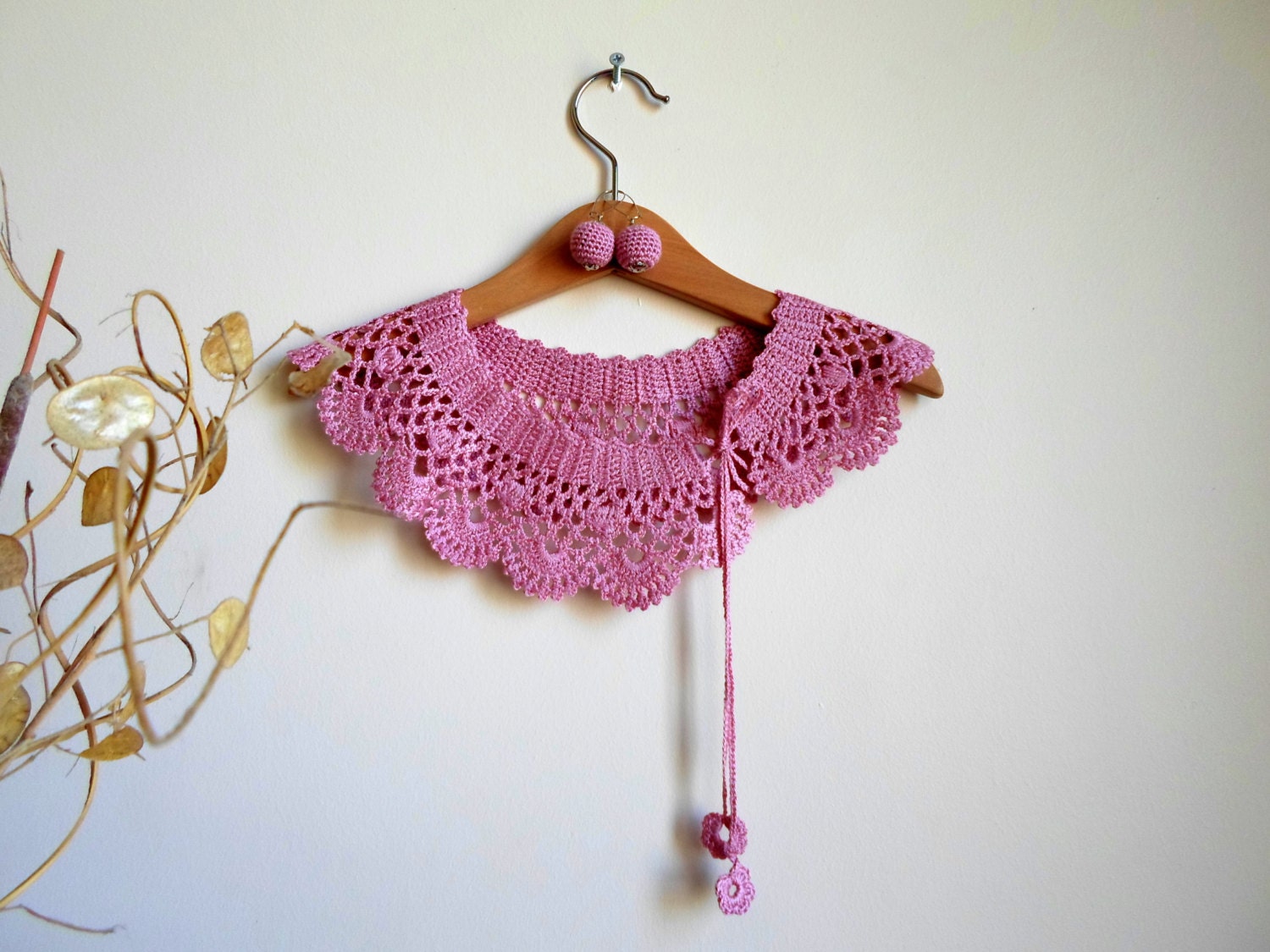 Collar Necklace, Crochet Peter Pan Collar Necklace, pink, old rose, ready to shipping, crochet earring.