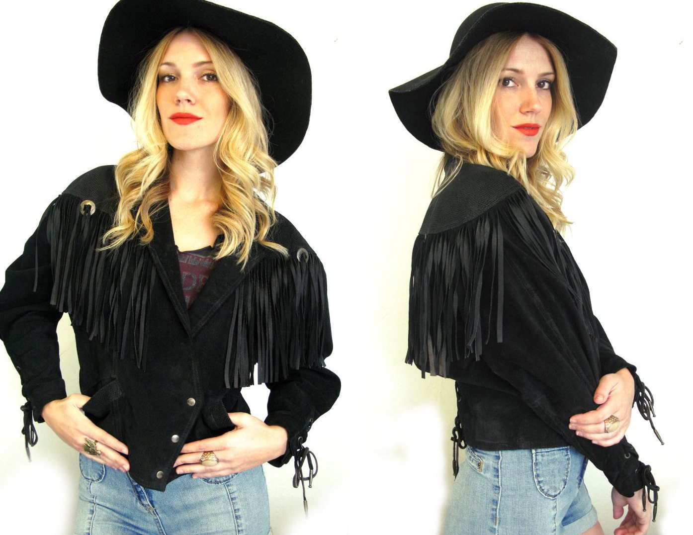 Vtg 80s Leather FRINGE Western BIKER Suede Lana del Rey Womens Jacket Small