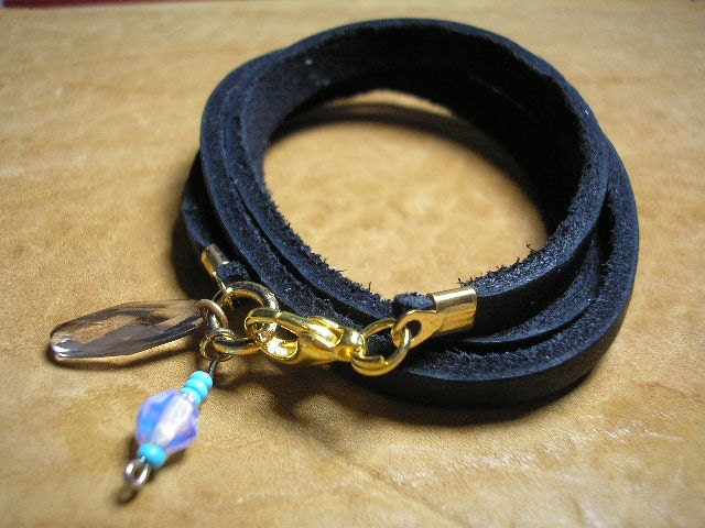 independent. hand crafted black leather multi wrap charm bracelet glass bead prism - WB02