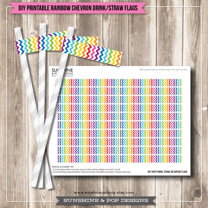 INSTANT DOWNLOAD - Rainbow Chevron Party Art Party Drink Flags, Straw Flags, and Cupcake Toppers - chevron party decorations Il_170x135