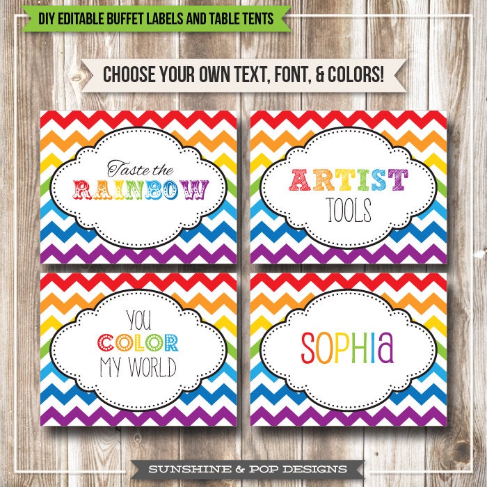 INSTANT DOWNLOAD - EDITABLE Rainbow Chevron Art Party Folding Buffet Card, Food Tag, Label - Custom pdf - Paint Party Over the Rainbow Il_570xn