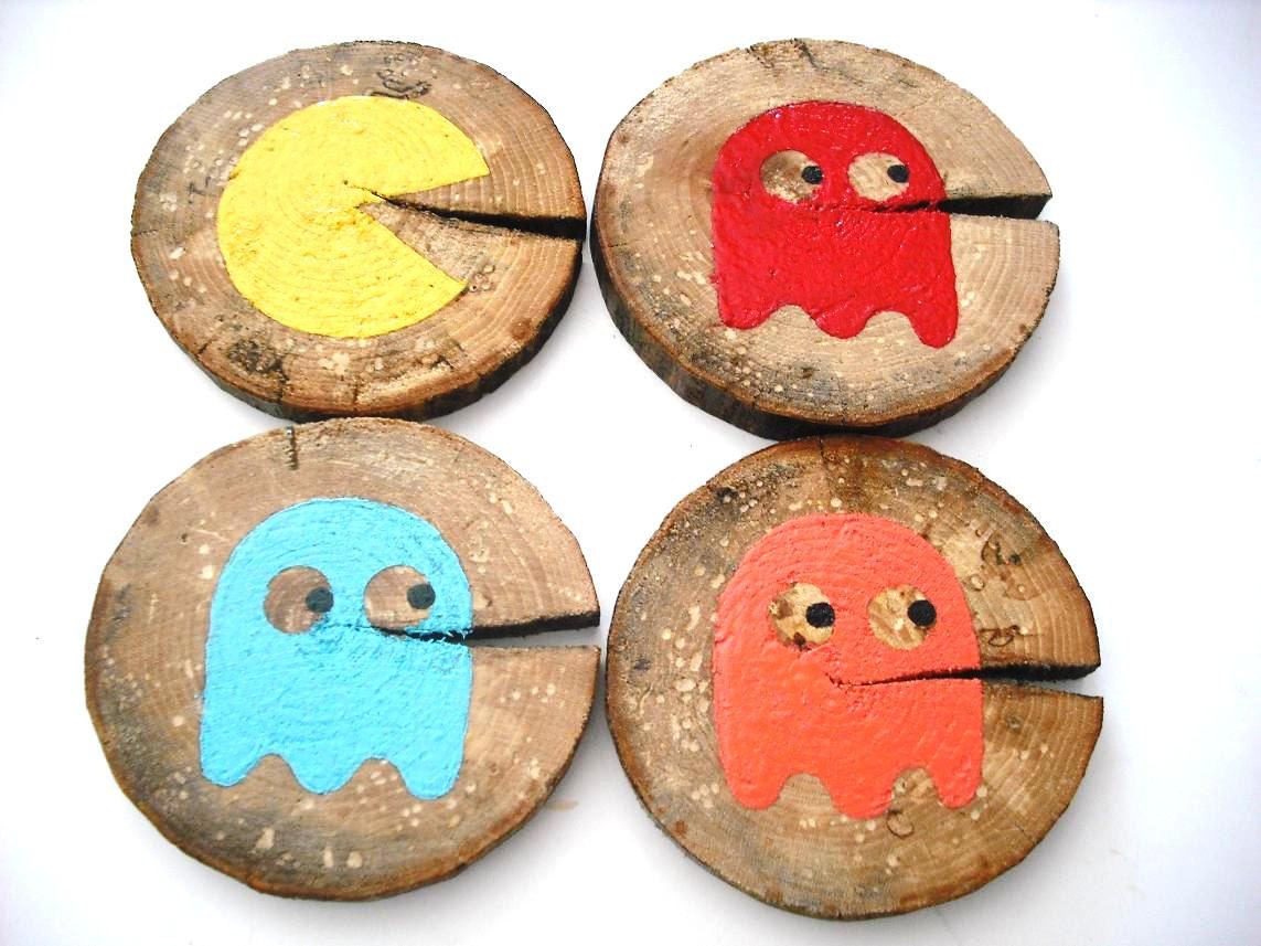 Pacman & Ghosts Retro Handpainted Wood Coaster Set of 4