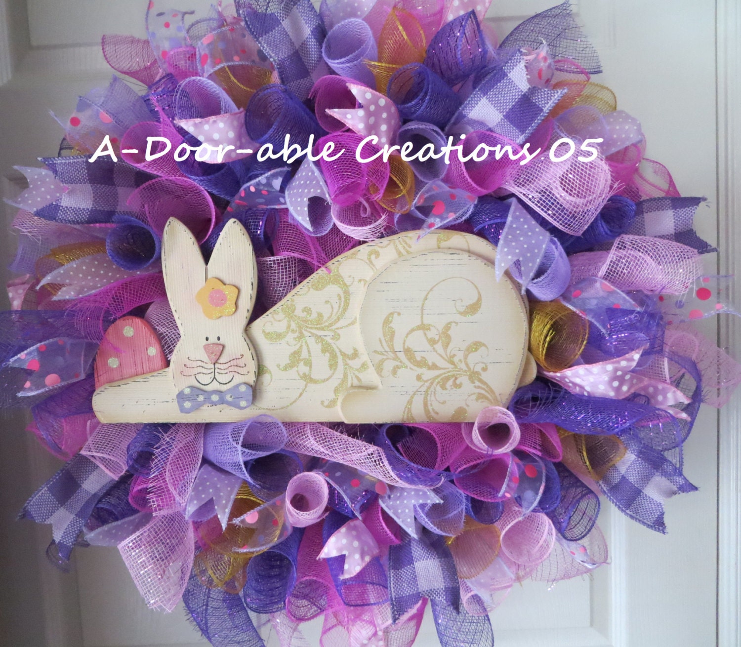Shabby Chic Bunny..Deco Mesh Wreath..Polka Dots and Burlap Gingham Ribbons