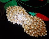 Vintage Clear Rhinestone Brooch Gold Tone Filigree 3.5 Inches