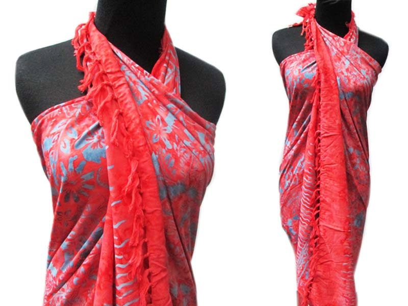 BATIK Beach Sarongs, Bali Sarong, Beach Cover up, Large Shawl, Batik Pareo, HANDMADE, Red Orange, Rayon, Size 47 x 71 inches.