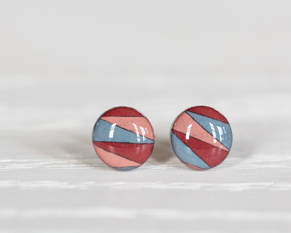 Geometric Striped Post Earrings in Slate, Dusty Pink, and Henna