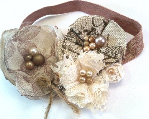 Rustic, Brown, Tan, Cream, Ivory, Linen Fabric Flower, Girls Headband, Women's Headband, Linen & Lace, Fabric Flower Headband, Brooch