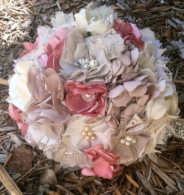 Bridal Bouquet, Linen and Lace Fabric Flower Bouquet, Satin, Rustic Wedding, Vintage Wedding, Wedding Bouquetnm