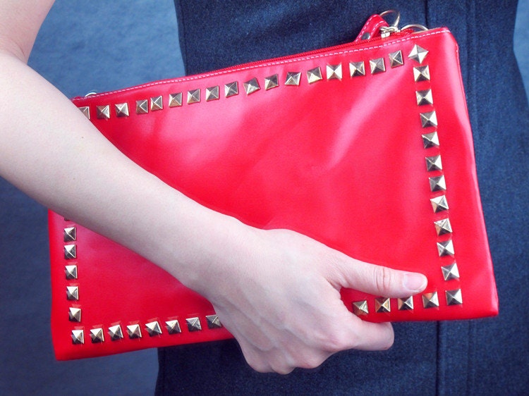 Golden Rivets Stud Envelope Clutch - 2 chains Faux Leather PU - Red - Women Purse Bag - Handmade