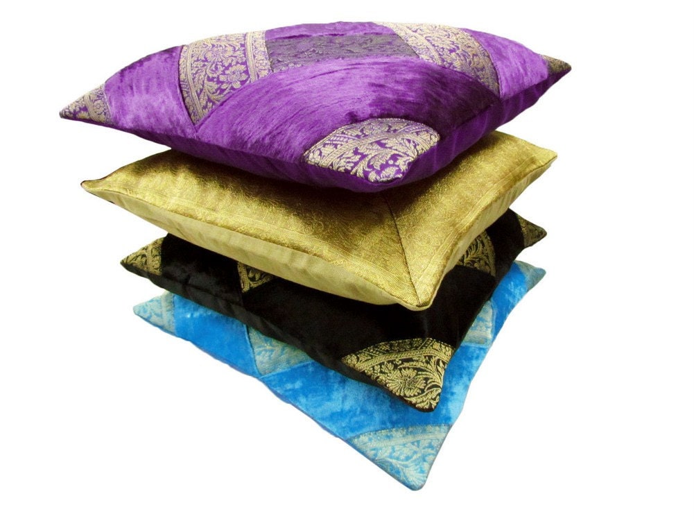 16x16 Handmade Cushion Cover Set Indian Decorative Throw Satin Multicolor Embroidered Pillow Cover - PL2906