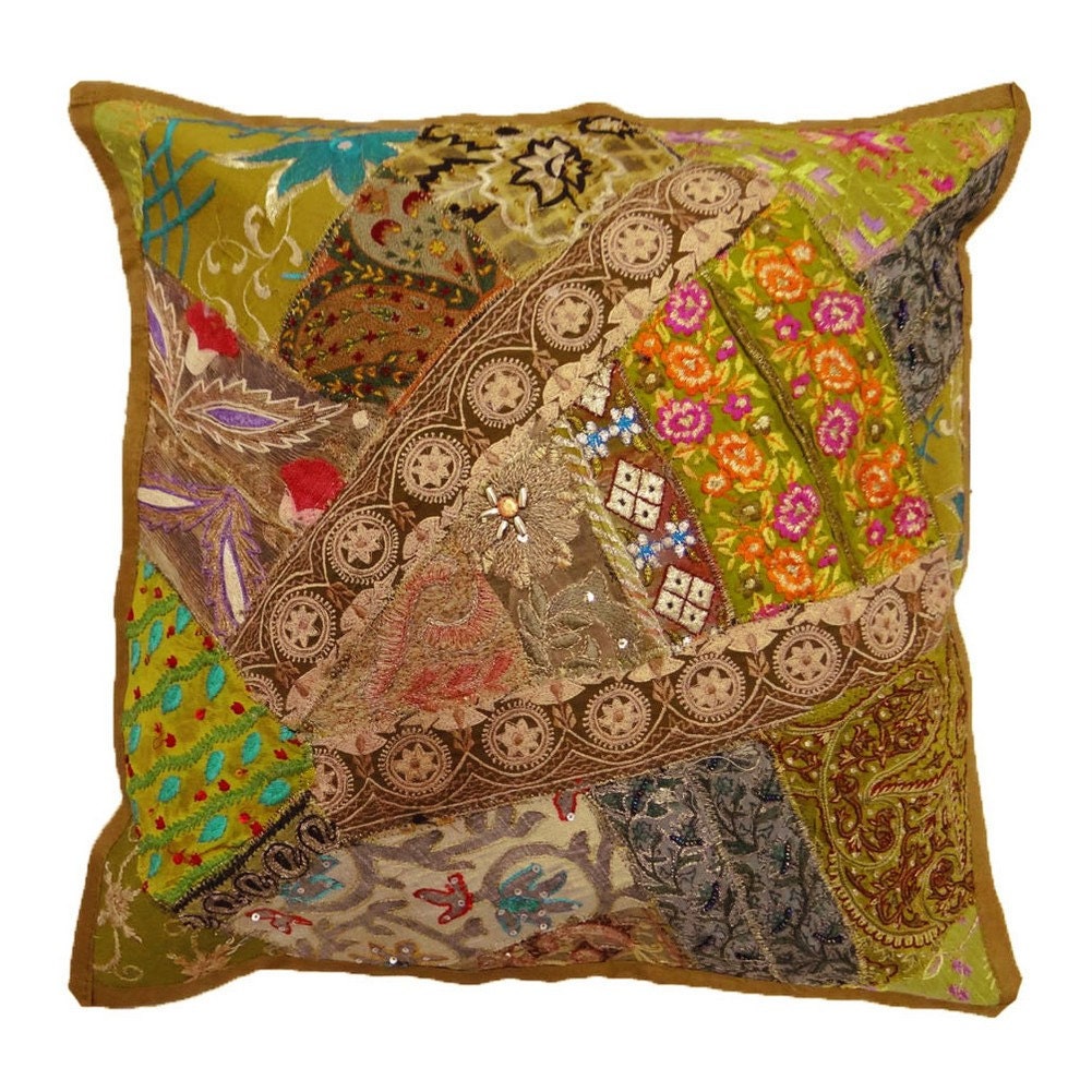 Free Shipping 17x17 Handmade PatchWork Floral Embroidered Cotton Pillow Cover Indian Decorative Throw Paisley Cushion - PL5515