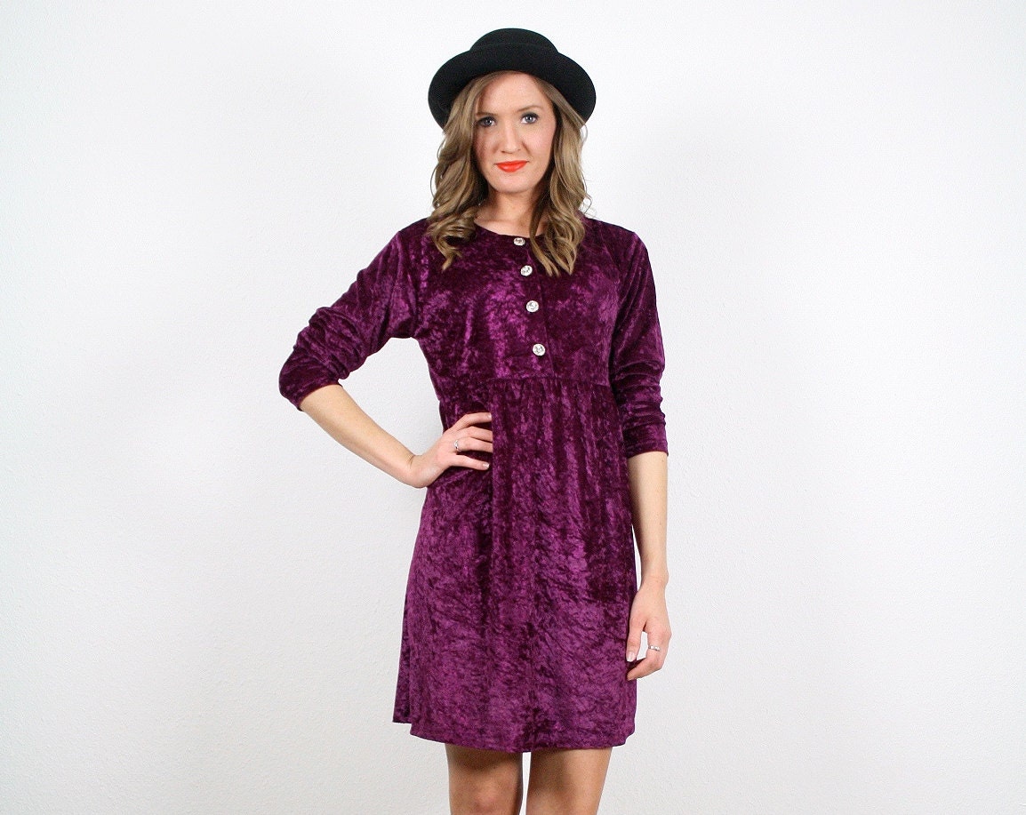Vintage M Grunge Raspberry Pink Crushed Velour Velvet Babydoll Mini Dress