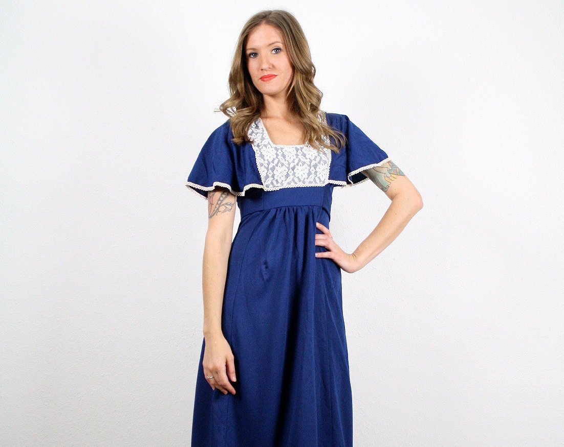 Vintage S M Navy Blue Lace Bib Flutter Sleeve Crochet Lace Hippie Maxi Dress