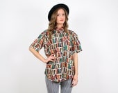 Vintage M L Silk Rainbow BOOKS Library Geek Novelty Print Nerd Shirt Blouse Top