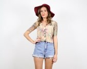 Vintage XS S Boho Tie Dye Tan Floral Print Batik Hippie Festival Crop Tank Top