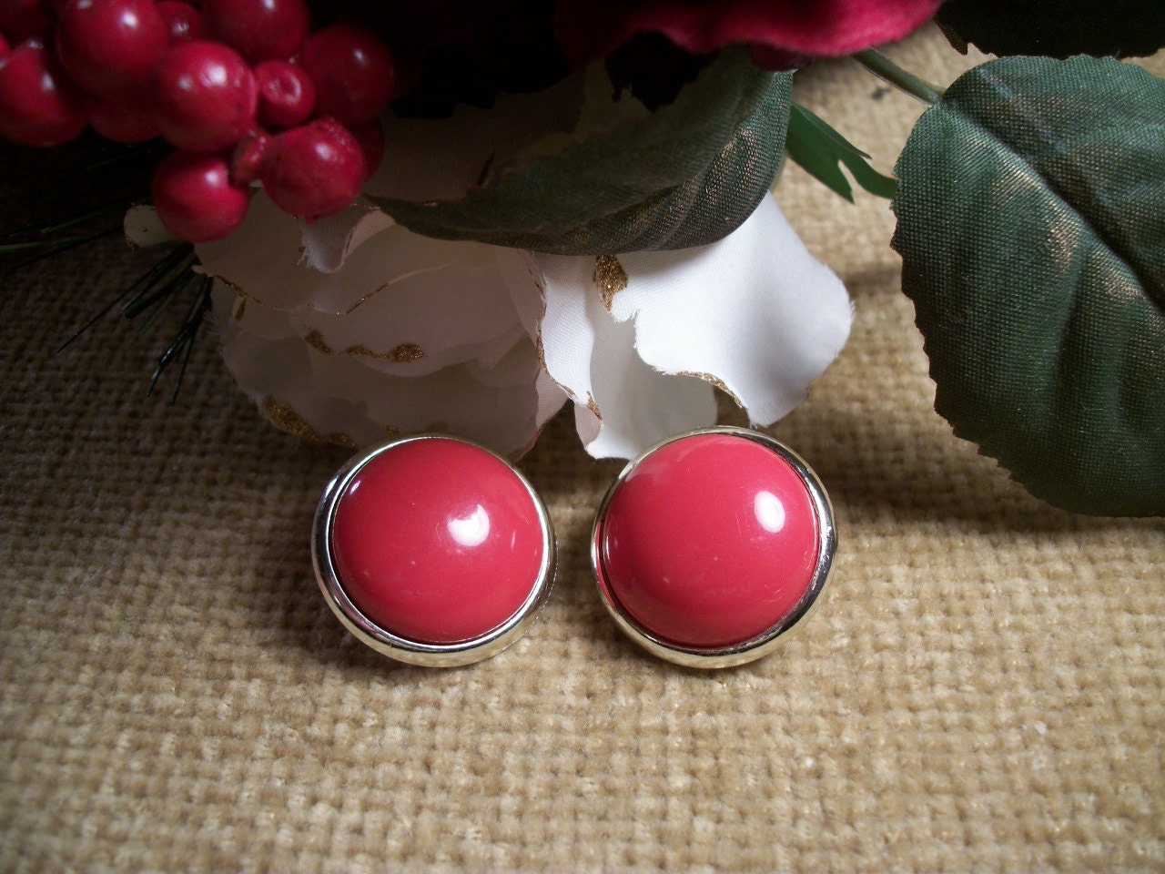 1980s Fashion, Clip On Earrings, Red, Dots, Buttons, Round, Domes, Gold Tone Border, Plastic, Cushion Backs, Lightweight, TKSPRINGTHINGS
