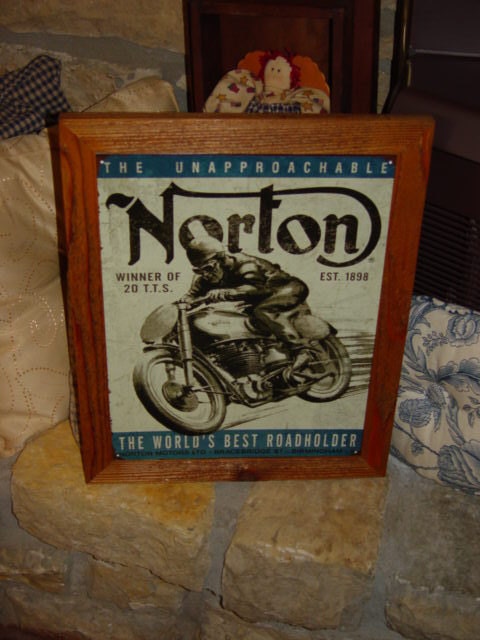 Custom framed solid cedar wood 15X18 man cave metal retro Norton Motorcycle sign oak finish country rustic wall hanging display