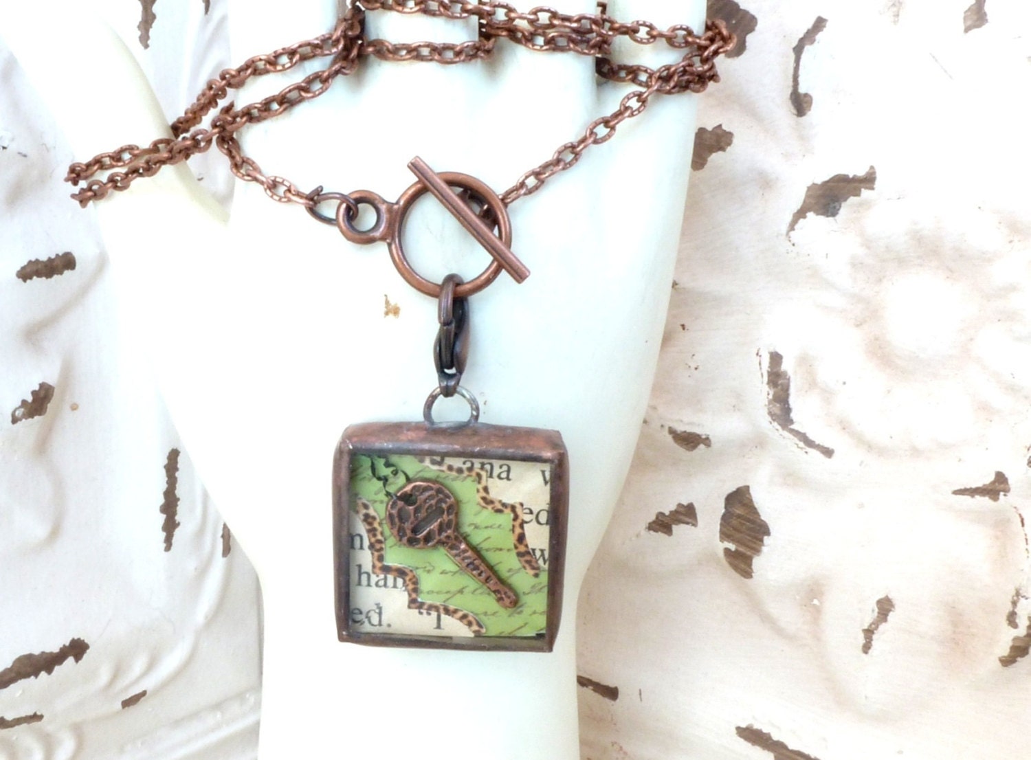KEY, COPPER, Shadow Box, Handmade Soldered Pendant (Sm) & Necklace, Key, Tulips, Muscari Flowers, Vintage Paper Emellishment