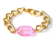 Larissa Arm Candy Translucent Pink Plastic Gem Bracelet - Chunky Textured Gold Curb Chain Bracelet - Jewel Arm Candy Chunky Chain Bracelet