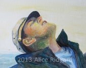 Sailor Painting 9x12 Original Painting Acrylic on Canvas - wearing nautical sailor hat by the ocean - decor art for nursery or wedding gift